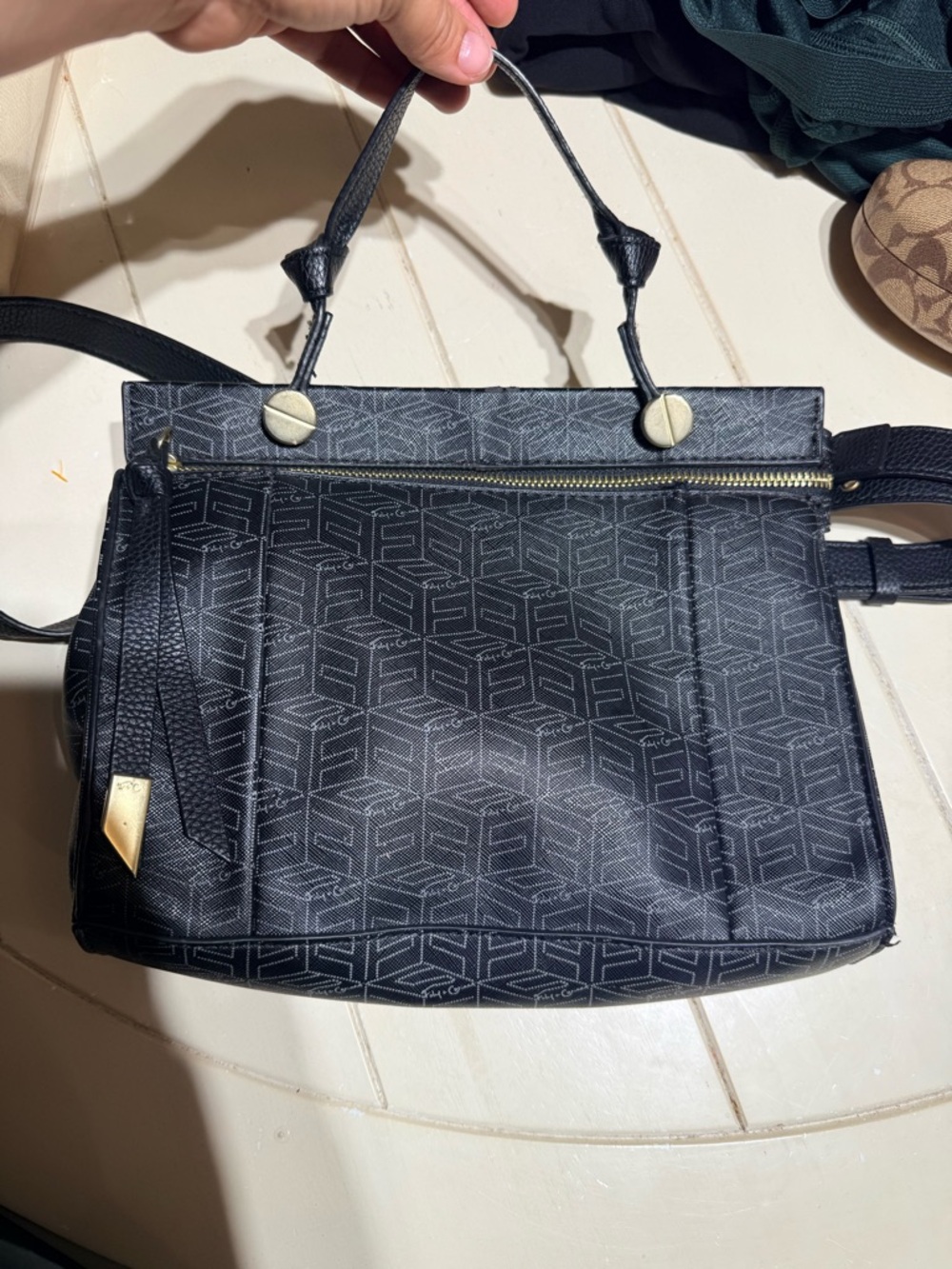 Black Patterned Shoulder Bag with Gold Accents